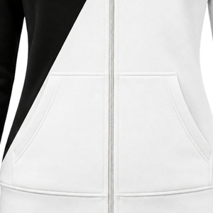 Sweat-shirt à capuche zippé intégral pour femme, personnalisé, noir et blanc, à deux empiècements croisés, color block, manches longues, style décontracté pour sororité - Product Image 5
