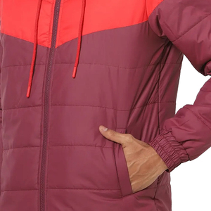 Men's Hooded Color Blocking <b>Puffer</b> <b>Jacket</b> Red And <b>Burgundy</b> Winter Thick Polyester Windproof Casual Zipper Front - Product Image 3