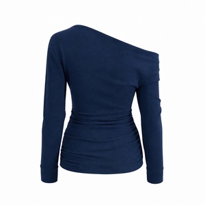Blusa Azul de Mujer con un Hombro Descubierto, Manga Larga, Fruncida, Ajustada, Sexy, Casual, para Fiesta, Club, Chic, Holgada, de Color Sólido - Product Image 2