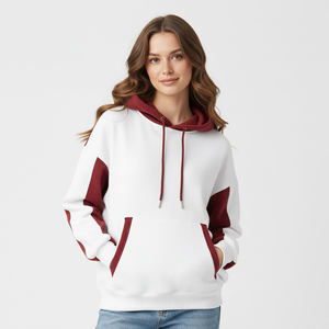 Sweat-shirt à capuche blanc pour femme avec logo personnalisé, couleur bordeaux contrastée, manches longues, en coton tricoté, vêtement décontracté pour l'automne - Product Image 3