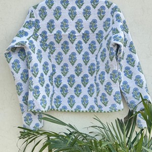 Blazer à imprimé floral pour femmes, col en V, manches trois quarts, veste en coton tissé, vêtements d'extérieur - Product Image 4