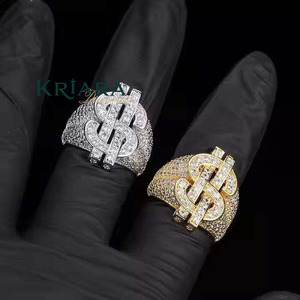 Anillo de cóctel para hombre de plata 925 chapado en oro de 18K con moissanita, diseño de signo de dólar, engaste pavé, estilo hip-hop, corte brillante redondo, forma de letra - Product Image 1