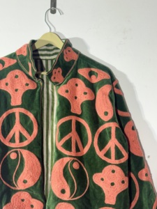 Handmade Green Velvet Mushroom & Peace <b>Sign</b> Embroidered Jacket – Boho Yin Yang Festival Coat | Unisex Hippie Outerwear - Product Image 4