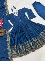 Élégante Robe Anarkali Moderne à Manches Longues pour Femme, en Faux Georgette Lourd avec Broderie de Paillettes, Style Indien et Pakistanais, Idéale pour les Fêtes Hivernales