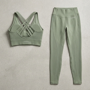 Women's Sage <b>Green</b> Cross Back Sports Bra <b>Set</b> Seamless Yoga <b>Gym</b> Workout Clothing Custom Private Label OEM - Product Image 2