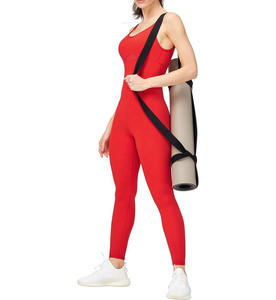 Combinaison de yoga rouge taille haute pour femme, sans manches, à bretelles, effet ventre plat, longueur intégrale, coupe ajustée, couleur unie - Product Image 3