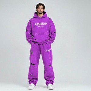 Conjunto de Sudadera con Capucha para Hombre, Estilo Vintage, Diseño Personalizado OEM, Impresión Digital, 2 Piezas, 400 GSM, Tejido Grueso, Color Morado Desgastado - Product Image 1