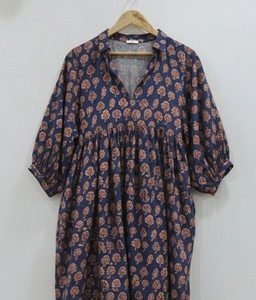 Robe mi-longue trapèze pour femme, 100 % coton, faite main, tissée, à motif floral dessiné à la main, col en V, manches bouffantes, taille naturelle, style traditionnel indien, formelle - Product Image 4