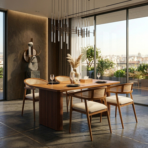 Ensemble de salle à manger contemporain et moderne en teck massif, fait main, avec chaises Aura cannelées et coussins en rotin, mobilier de salle à manger durable - Product Image 3
