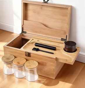 Wooden <b>Storage</b> <b>Box</b> with Hinged Lid Compartment Tray Metal Latch Light Natural Finish Organizer for Grooming <b>Tools</b> Jar - Product Image 1