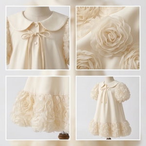 Robe de Boutique pour Filles Tutupetti Designer en Ivoire, Faite à la Main, avec Manches Bouffantes 3D en Rose, Col Peter Pan, Coupe A-Line, Robe de Princesse Élégante en Satin - Product Image 4