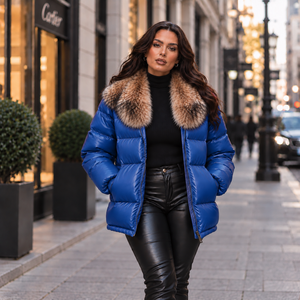 Women's Thin Blue Plaid Genuine Leather Windproof Streetwear Fox <b>Fur</b> Puffer Jacket <b>Vintage</b> <b>Coat</b> - Product Image 2