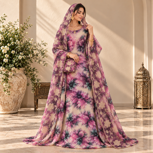 Tissu imprimé floral de luxe violet suisse Dirac 100 % polyester avec dentelle brodée pour tenue de mariage et de fête - Product Image 5
