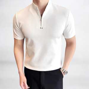 Chemise moderne pour homme anti-rides en tricot imprimé à demi-zip, manches courtes, style décontracté urbain - Product Image 4