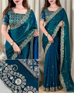 Sari en satin Fandy à effet bicolore avec broderies complexes et travail de zari, accompagné d'un chemisier bicolore non cousu - Product Image 2