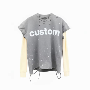 เสื้อยืดแขนยาวสีเทาแบบโอเวอร์ไซส์ แต่งขอบตัดต่อและเว้าช่วงตัว คอทรงโอ สไตล์สตรีท สำหรับผู้ชาย ผ้าเจอร์ซีย์คอตตอน - Product Image 1