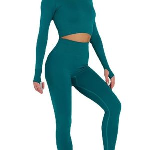 Ensemble de yoga vibrant 2 pièces pour femme : haut à manches longues et tenue de yoga sans couture taille haute, couleur turquoise - Product Image 4