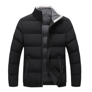 Chaqueta Acolchada Negra para Hombre, Cuello Alto, Cierre de Cremallera, Cortavientos, Abrigo Casual de Invierno, Corte Regular, Color Sólido, Relleno de Poliéster - Product Image 1