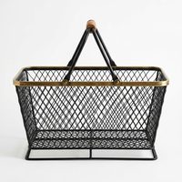 Panier de marché Heera Diamond Lattice fait main en fil de fer noir de 42 cm avec poignée pliable en laiton antique pour garage, en bois de manguier