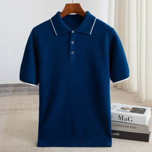 Polo homme bleu uni à manches courtes en tissu Oxford, style décontracté, coupe classique, design tissé, col boutonné - Product Image 5