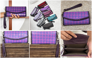Factory Wholesale Women's Hand Tooled Cowhide Leather Fashion Clutch Trendy Diamond Checkered Leather Wallet <b>Purse</b> With Wristlet - Product Image 3