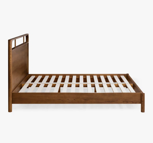 Cadre de lit moderne minimaliste en teck massif avec tête de lit à lignes horizontales, sommier à lattes, profil bas, chambre à coucher contemporaine - Product Image 4