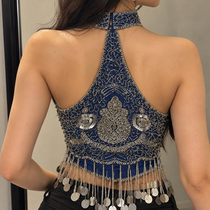 Haut court bohème pour femme avec logo ODM sur le devant, strass, style licou, en maille transparente brodée, style résille, pour soirée et tenue de nuit - Product Image 5