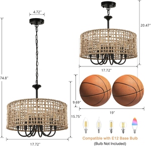 Boho Rattan Chandelier Farmhouse Woven Pendant <b>Light</b> Rustic Natural <b>Rope</b> Hanging Ceiling Lamp Coastal Bohemian Drum Shade - Product Image 5