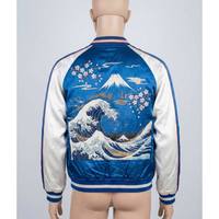 Veste de baseball Sukajan en satin bleu, style japonais, broderie vintage, patchwork, toile, streetwear, Mont Fuji, Grande Vague, Ukiyo-e