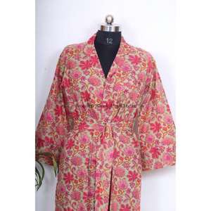 Camisón Kimono Largo de Algodón Indio para Mujer con Cinturón y Botones, Estilo Tejido, Cintura Natural, Ideal para Vacaciones - Product Image 3