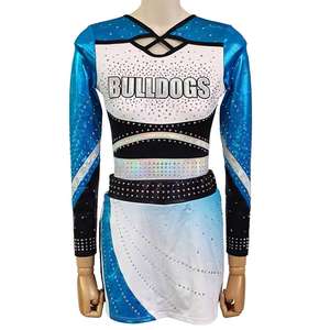 Nouvelle Arrivée Uniformes de Cheerleading en Tissu Extensible de Haute Qualité Bleu Océan Blanc Strass Scintillants pour Scène Personnalisables à 100% - Product Image 1