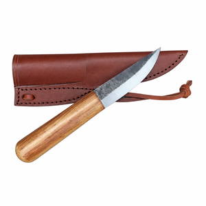 Rustic Brown Wood Handle Fixed Blade Utility Knife with Silver Edge Dark Forged Finish and Brown Leather Sheath for <b>Outdoor</b> - Product Image 1