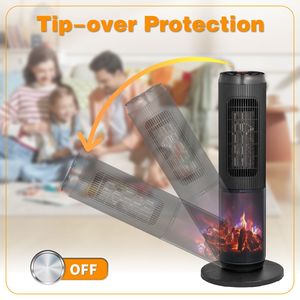 Stufa Elettrica Portatile a Torre da 25 Pollici con Fiamma 3D, 1500W, Termostato, Oscillazione a 60°, Timer e Telecomando per Camera da Letto, Spina USA - Product Image 6