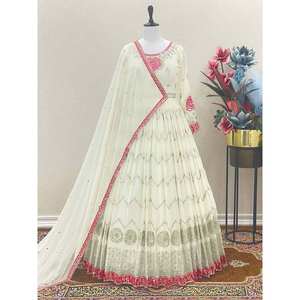 DISEÑADOR GEORGETTE BORDADO SECUENCIA BATA DE TRABAJO CON DUPATTA BLANCO - Product Image 1