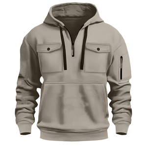 Sudadera con Capucha y Cierre de Cremallera para Hombre, Color Caqui Sólido, Estilo Casual con Bolsillos, Corte Regular, para Otoño - Product Image 5