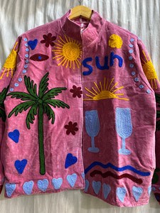 Vintage Inspired Pink Velvet Embroidered Art Jacket Women Palm <b>Tree</b> Sun Heart Pattern Bohemian Full Sleeve Long Jacket - Product Image 4