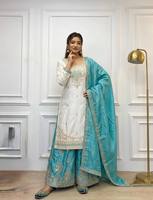 Ensemble Kurti Palazzo en soie Chinon blanche avec sequins et broderies miroir faites à la main, avec dupatta, tenue ethnique de soirée pour femmes