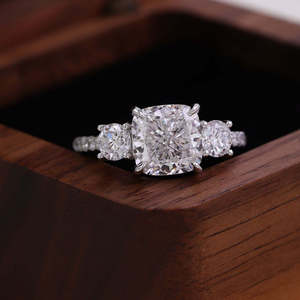 IGI Certified Three Stone <b>Cushion</b> Cut Lab Grown Diamond Engagement <b>Ring</b> Half Eternity Pave Band for Women Solid Gold <b>Ring</b> - Product Image 2