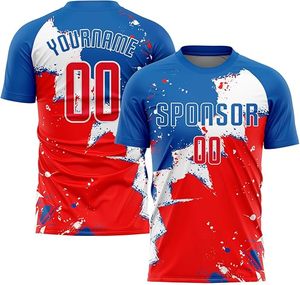 Maillot de football personnalisé à imprimé étoiles rouges, bleus et blancs, col rond, manches courtes, sublimé, anti-humidité, unisexe, pour adultes, tenue d'équipe - Product Image 3
