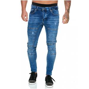 Jean moto taille haute délavé pour homme avec rivets et braguette boutonnée en denim de coton mi-lourd style automne - Product Image 1