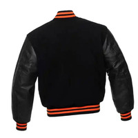 Veste universitaire noire et orange personnalisée en gros, veste de baseball bomber avec manches en cuir PU