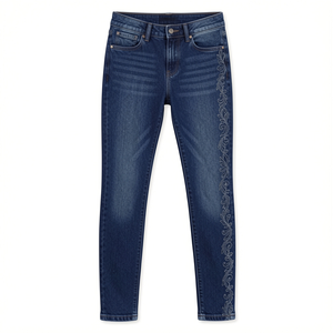 Women's Dark Blue Skinny <b>Denim</b> Jeans with Floral Print Embroidery Stonewashed Vintage Casual Summer Eco-Friendly <b>Stretch</b> - Product Image 4