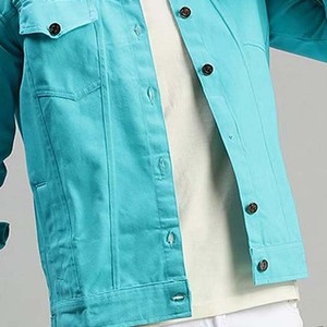 เสื้อแจ็คเก็ตผ้าแคนวาสสีเทอร์ควอยซ์สำหรับผู้ชาย คอปกแบบพับได้ กระดุมแถวเดียว ทรงปกติ สวมใส่ได้ในฤดูใบไม้ผลิ - Product Image 4