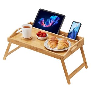 Bandeja de cama de bambú portátil de 19,7 \ "X 11,8 \", patas plegables, ranura multimedia para desayuno, trabajo, TV, bandeja de escritorio para ordenador portátil, comida - Product Image 1