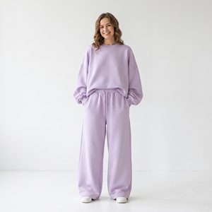 Ladies Pullover Crew Neck Tracksuit 100% Cotton Fleece <b>Baggy</b> Oversize Boxy Fit Sweat <b>Shirt</b> Wide Leg Sweat Pants Tracksuit <b>Women</b> - Product Image 1