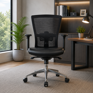 Chaise de bureau pivotante moderne de luxe classique pour cadres, en cuir véritable et tissu, avec structure en acier, hauteur réglable et ergonomique - Product Image 1