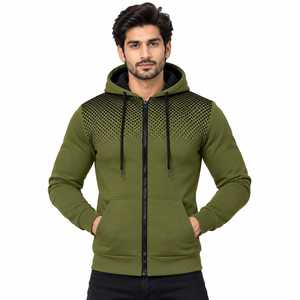 Sweat-shirt à capuche zippé pour homme, 100% polyester, coupe-vent, vert uni, avec panneau contrastant et poche, pour un usage décontracté - Product Image 6