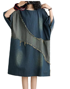 Denim Midi Dress O-Neck Loose Fit Asymmetric Hem Frayed Edges <b>Drop</b> Shoulder Casual Style All Seasons Wear - Product Image 2