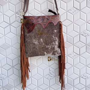 Western Pattern Hand Tooled Carving Handbag Designer Cowhide Fur Leather Gypsy Boho Vintage Fringe Shoulder Bag Stylish Bags - Product Image 1