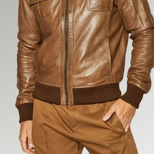 Blouson Bomber Homme Marron en Cuir Véritable Slim Respirant avec Fermeture Éclair et Col Montant, Manches Classiques, Style Automne Moto Biker Personnalisable - Product Image 4